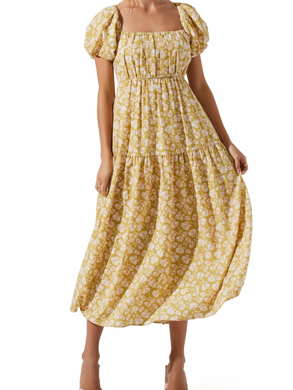 ASTR The Label Yellow Floral Puff Sleeve Midi Dress Cottagecore Romantic L